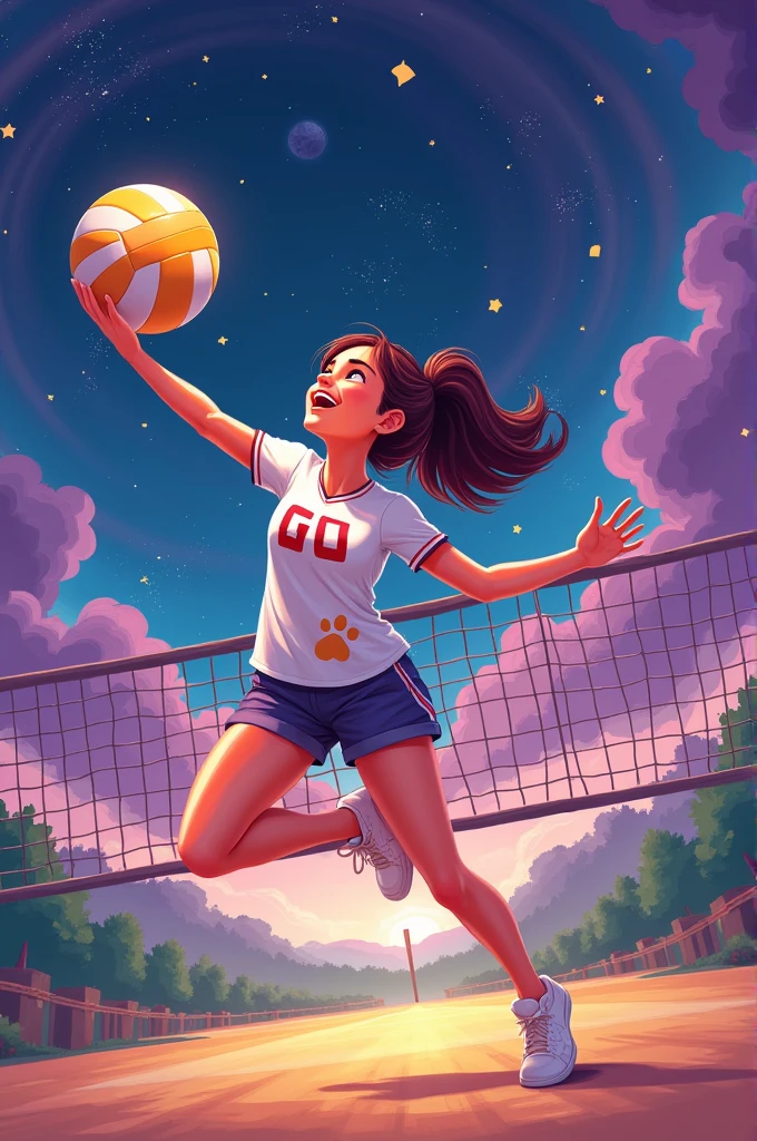 Create a logo of an animal-loving person playing volleyball with purple tones, blues and yellows and says The Nebula