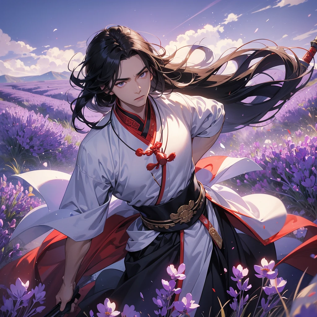 A Handsome black-hair male holding a large sword in red-white ancient general chinese, close up.
Stroll among the purple lavender fields , There are some floating clouds,