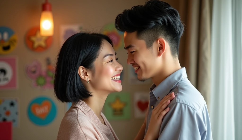 A photo of a Chinese mother and son standing side by side,Suitable photos for son's marriage proposal,Mother 45 years old smiling、kindly,gentle,Son, 2,Black Hair,short hair,Handsome,Refreshing and steady,Game Background,Half-length photo,front Photo,Son is taller than mother,Photos close to life,