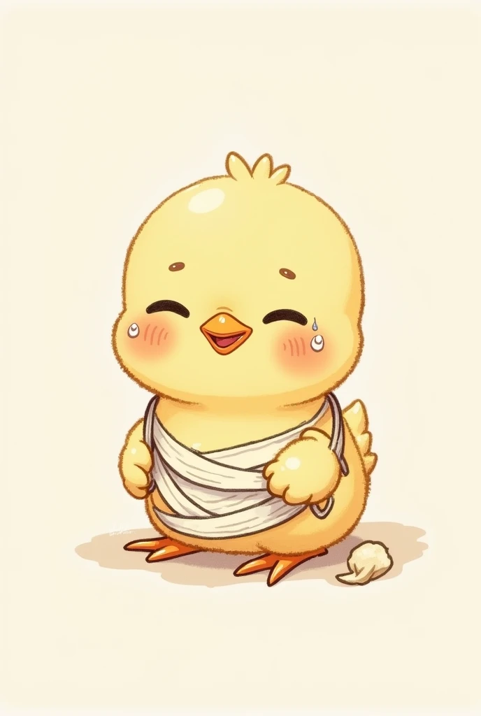 Dessin histoire pour enfant, dessin mignon, poussin blessé avec des bandages médical sur le corps et une aile cassée en écharpe, le poussin pleure