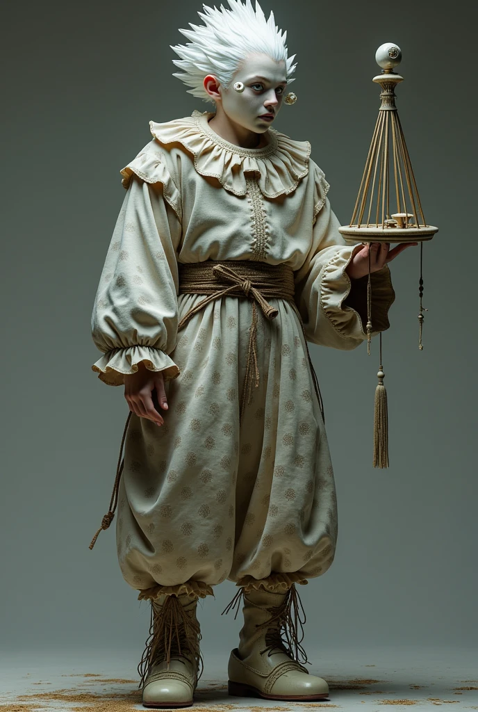 Man wearing loose harlequin clothing, He has white hair and light gray irises, He has a young, white-skinned face and wears a musical triangle and a porcelain mask. 