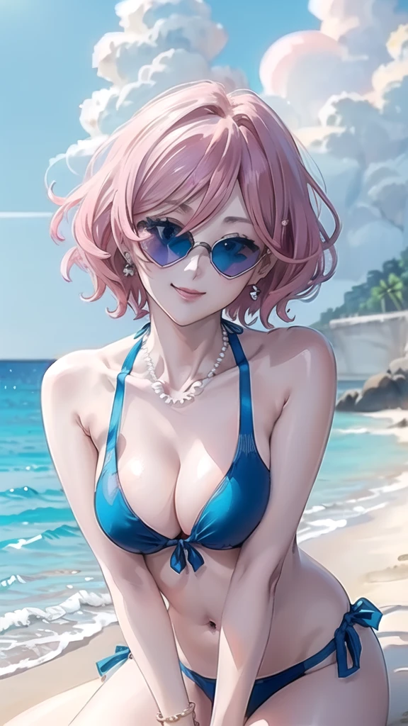 (((masterpiece, ultra HD, 8K quality))), (((clear and bright image))), anime, 1 woman, (((beautiful woman))), (((shining pearl light blue Curly short hair))), (((shining attractive eyes))), ((((beautiful blue eyes))))), (((eye highlights))), ((very long eyelashes, pale pink lips)), (((very large breasts))), cleavage, (((beautiful sexy pose))), looking at the viewer, navel, (((cute smile))), water, thighs, bare shoulders, front tie top, arm support, narrow, ((((Blue colored micro bikini))), bare feet, collarbone, neck ribbon, halter neck, water's edge, (((Red heart shaped sunglasses on head))), Earrings, necklaces, bangles, rings, anklets, (((summer beach in the background)))