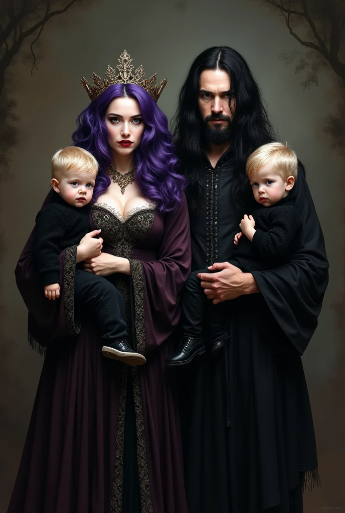 Create a gothic family portrait of a purple haired woman and a long black haired man with a braided chin beard, holding two blonde black dressed baby boys