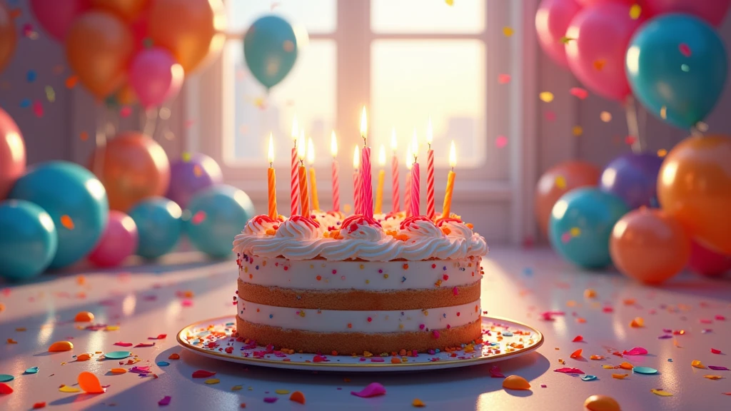: A beautifully decorated birthday cake with vibrant candles, surrounded by colorful balloons and confetti in a bright room. 8k  