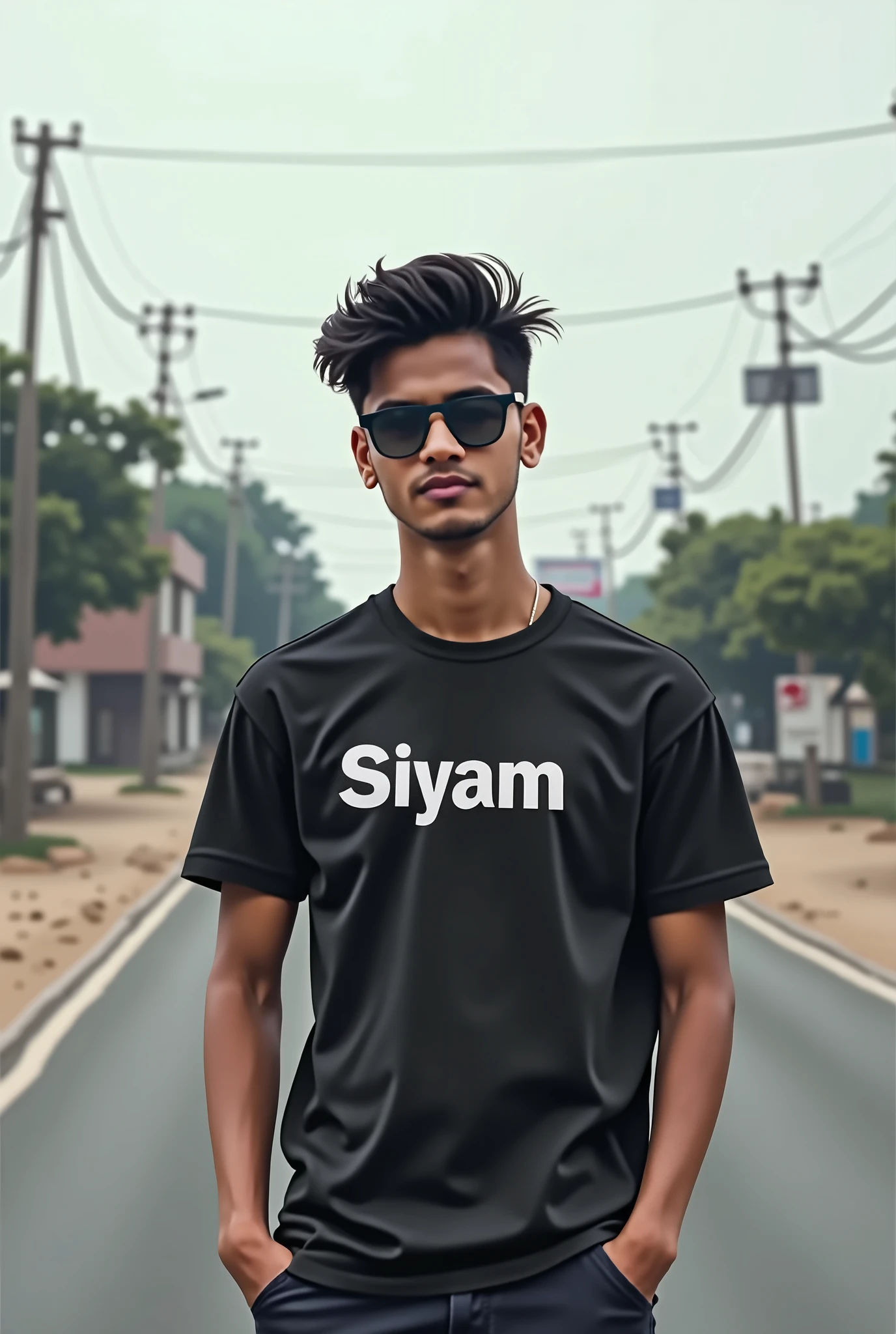 A boy about 20 years old হেলান দিয়ে বসে আছে সানগ্লাস পরে in a road alone with a attitude pose. Infron of the shirt the name Siyam is typed
Try a various image