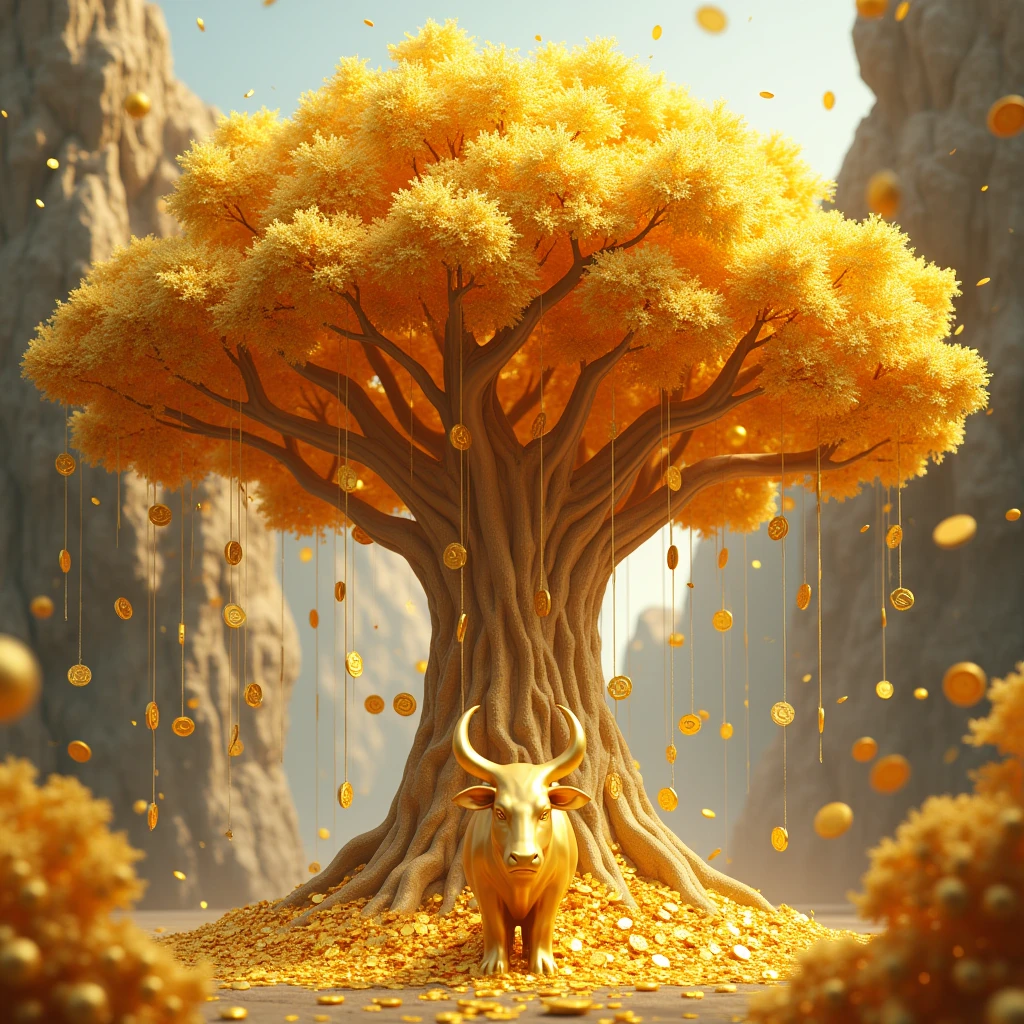 Create in 3D style a huge golden tree dropping gold coins and in front of the tree a golden Bull 