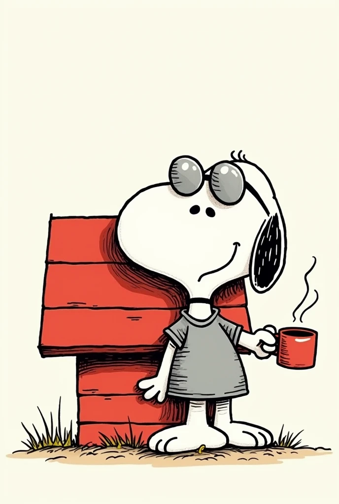 A drawing of Snoopy, the famous dog from the comic strip 'Peanuts'. He wears sunglasses and a shirt. He is standing and leaning against his doghouse in the background.. Snoopy is holding a coffee mug, with steam rising from it. The drawing style is composed of firm and bold lines., Handmade, no shading. The overall look is clean and minimalistic, with precise and confident features, emphasizing the character and the scene.