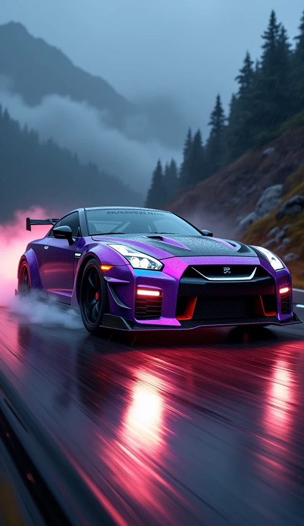 (masterpiece), best quality, ultra-detailed, 8K), 2024 GTR Nismo, street racing-inspired, Drifting inspired, LED, ((Twin headlights)), (((Bright neon color racing stripes))), (Black racing wheels), (best quality,4k,8k,highres,masterpiece:1.2),ultra-detailed, ((a customized car)), ((street racer)), ((a beautiful paintjob)), ((fully detailed)), Wheel spin showing motion, Show car in motion, Burnout, wide body kit, modified car, racing livery, masterpiece, best quality, realistic, ultra highres, (((depth of field))), (full dual color neon lights:1.2), (hard dual color lighting:1.4), (detailed background), (masterpiece:1.2), (ultra detailed), (best quality), intricate, comprehensive cinematic, magical photography, (gradients), glossy, Drifting, going fast, night, bright yellow headlights, setting USA Oregon's Mountain roads, No text on signs, Late night time, Set in a rain storm with lightning,1 car., Nature, model shoot style, Fast action style, Sideways drifting in to a turn, Red and black cars, Night with galaxy sky, Fast action style, fire out of tail pipes, Sideways drifting in to a turn, Neon galaxy metallic paint with race stripes, aesthetic, intricate, realistic, cinematic lighting, Neon Paint, streaks of fire,