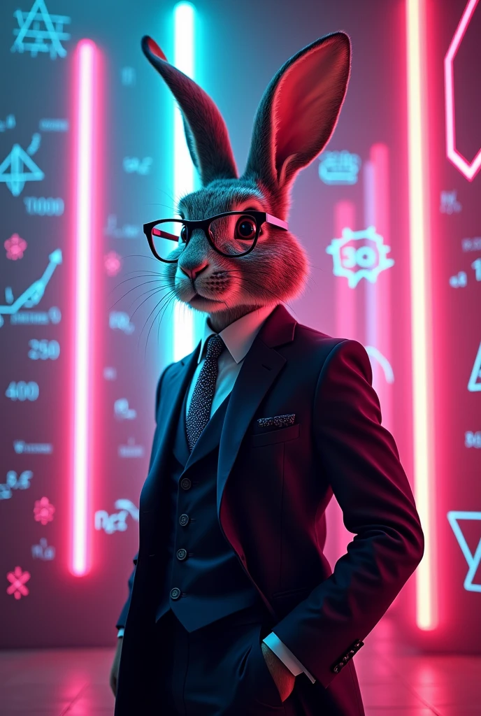 Adult male rabbit with suit and glasses who loves mathematics with neon lights 