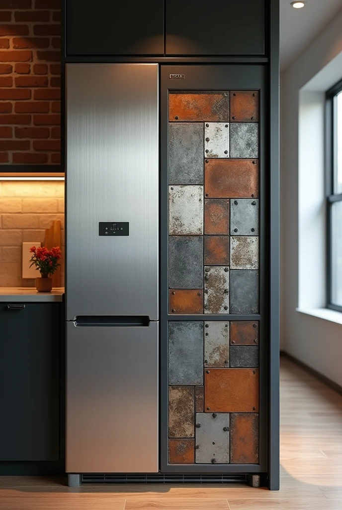 Make me a refrigerator with large recycled metal squares inside