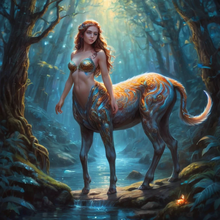 fictional character, female centaur, lower body, (best quality, ultra-detailed, realistic:1.37), oil painting, ethereal glow, vibrant colors, magical atmosphere, mystical creatures, exquisite details, graceful movements, intricate patterns, fantasy landscape, surreal, mythical creature, grandeur, mythical, dreamlike, majestic, enchanting, mythical creature, mythical being, captivating, otherworldly, harmonious composition, soft lighting, mythical hybrid, dynamic pose, breathtaking scenery, whimsical, alluring, mesmerizing, enchanting, captivating, mesmerized, spellbinding, intricate details, fine brushwork, rich textures, evocative, epic, awe-inspiring, majestic.