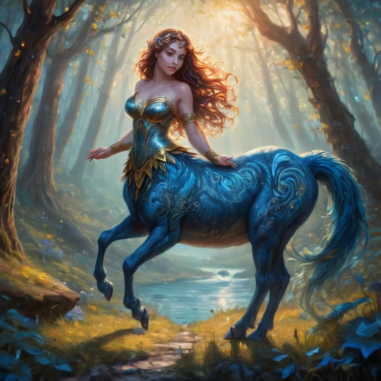 fictional character, female centaur, lower body, (best quality, ultra-detailed, realistic:1.37), oil painting, ethereal glow, vibrant colors, magical atmosphere, mystical creatures, exquisite details, graceful movements, intricate patterns, fantasy landscape, surreal, mythical creature, grandeur, mythical, dreamlike, majestic, enchanting, mythical creature, mythical being, captivating, otherworldly, harmonious composition, soft lighting, mythical hybrid, dynamic pose, breathtaking scenery, whimsical, alluring, mesmerizing, enchanting, captivating, mesmerized, spellbinding, intricate details, fine brushwork, rich textures, evocative, epic, awe-inspiring, majestic.