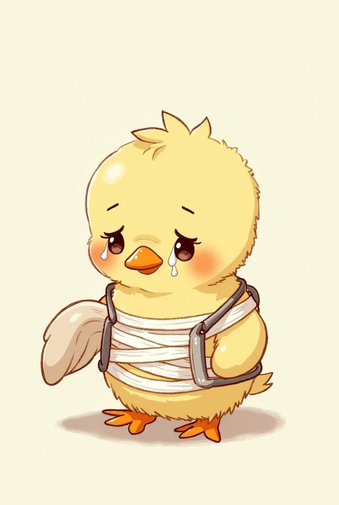 Dessin histoire pour enfant, dessin mignon, poussin blessé avec des bandages médical sur le corps et une aile cassée en écharpe, le poussin pleure