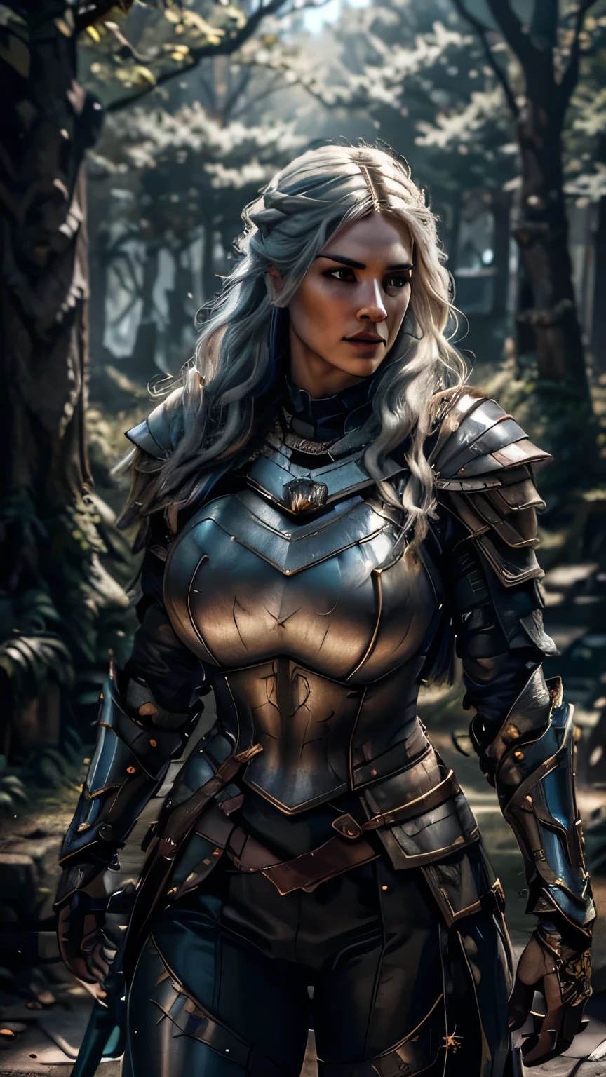 8K,asgard female warrior with very big breasts,Super beautiful(like the real thing),black very large chest armor,realistic skin,luxury black pants,Has a large, long black spear,sexy,muscular slim body,ripped abs,black shoulder armor,black waist armor,black leg armor,desert, rich colors, Backlight, cinematic lighting, film grain, RAW, 50mm lens,nikon　D850,ultra high resolution,Super realistic,goddess,battle scene,action scene,action pose,shine a light on the face, long wavy blue hair, the Witcher, the Witcher armor, yennefer, running in the forest