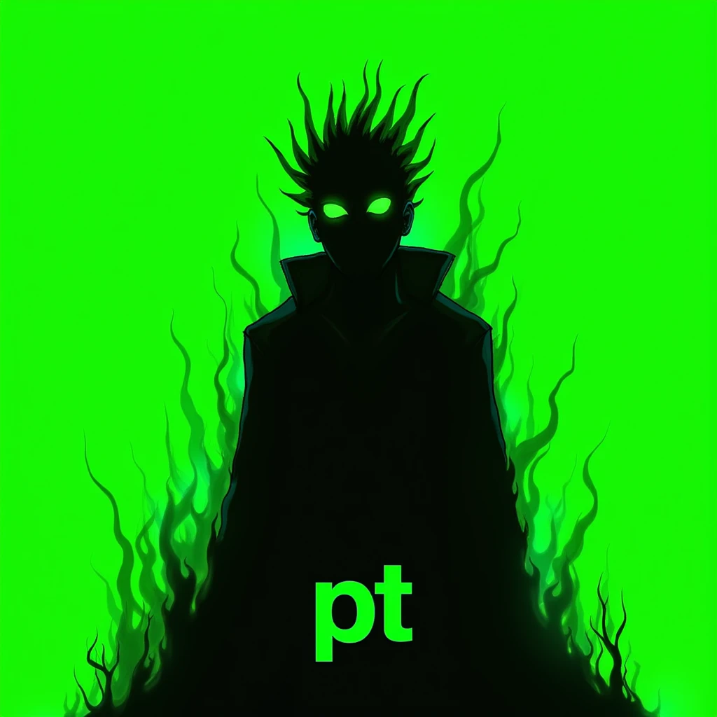 An abstract illustration of a character with a black, featureless silhouette and two glowing green eyes. The character has an aura of neon green flames or energy that surrounds its body, making it look intense and powerful. The hair or head appears spiky, almost like it's made of green fire, adding to the dynamic and energetic feel. The background is a bright neon green, enhancing the glowing effect around the character. The letters 'PT' are placed at the bottom in a bold, stylized font. The overall look is dark, mysterious, and supernatural, with a strong emphasis on the neon green glow and the simplicity of the silhouette.