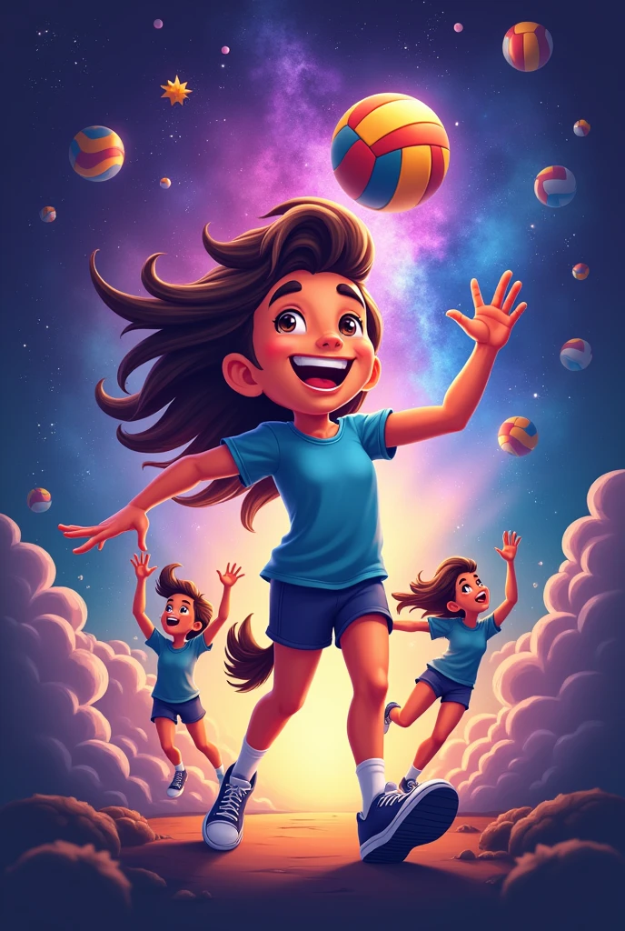 Create a logo of an animal-loving person playing volleyball with purple tones, blue and yellow and it says The Nebula but it has to be with a team for a logo