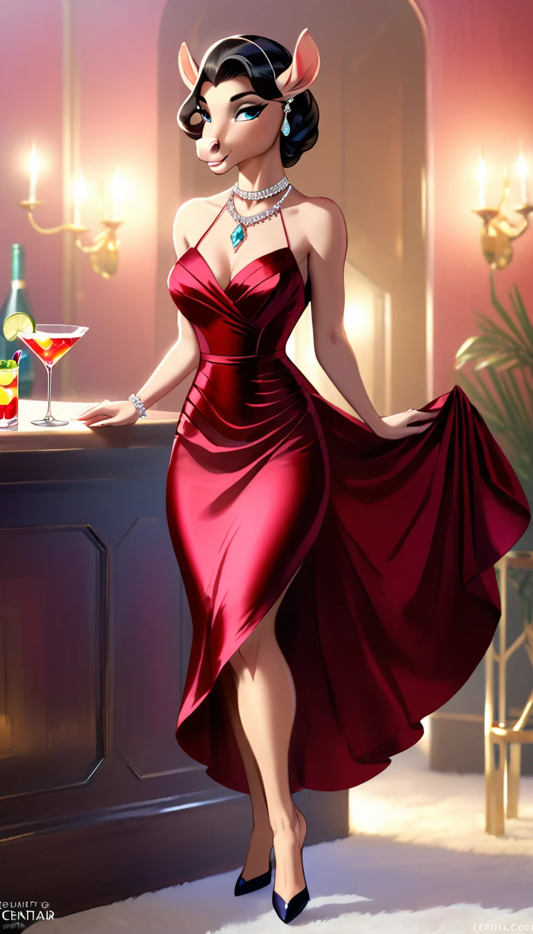 a female centaur going to cocktail party, wearing elegant silk dress, intricate dress, wearing diamond necklace