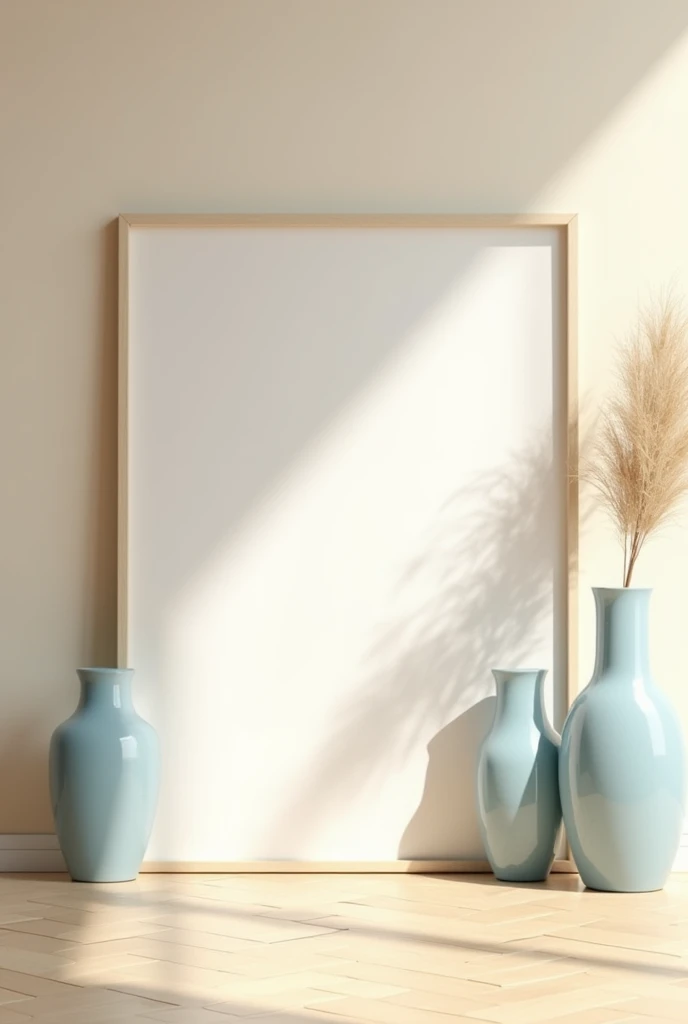 A minimalist interior scene with a light wooden herringbone floor and a soft beige wall. A blank white A4-sized frame is leaning against the wall, positioned slightly to the right. To the left of the frame, there are three sleek, modern vases in varying sizes and shapes, all in a glossy light blue color. One of the vases holds a bunch of dried pampas grass, adding texture to the composition. The scene is softly lit by natural sunlight streaming in from the right, casting gentle shadows and creating a warm, serene atmosphere