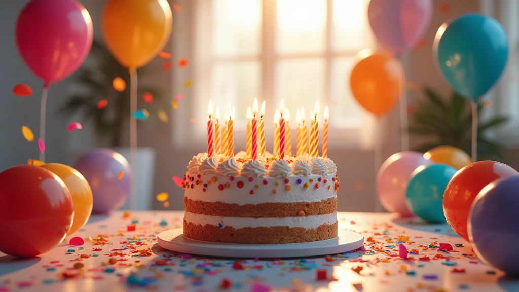 : A beautifully decorated birthday cake with vibrant candles, surrounded by colorful balloons and confetti in a bright room. 8k