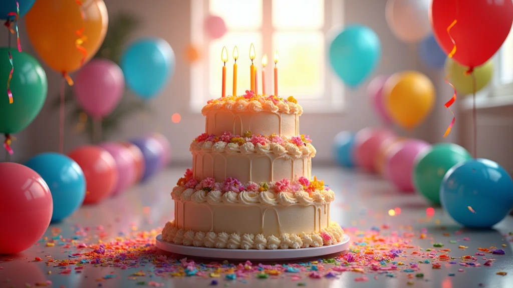 : A beautifully decorated birthday cake with vibrant candles, surrounded by colorful balloons and confetti in a bright room. 8k