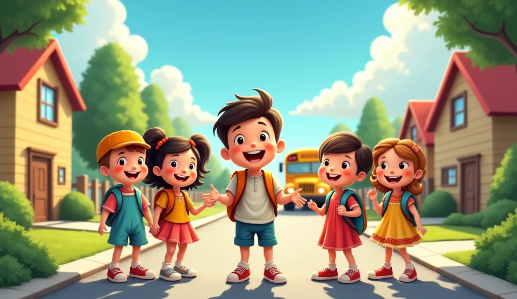 Generate a joyful animated cartoon image of 4 year kid who is going school for the first time and waiting for his bus with his friends
