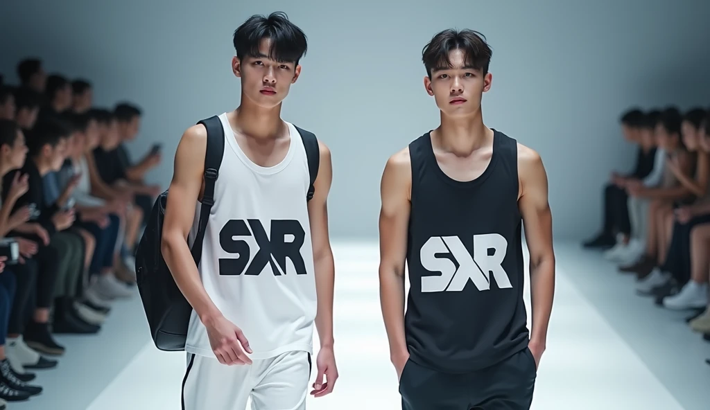 two sportwear fashion handsome 18 yrs. old, k pop Asian male model, runway show full body holding sports bag pack, tank top casual wear style, SXR logo design, ultra-detailed, film photography, light leaks, trending on sportwear, sharp focus, studio photo, futuristic detail please remember the following text:
"Two sportswear fashionable 1 K-pop Asian male model walking the runway, carrying a sports backpack, wearing a casual tank top featuring the SXR logo design. The photo is ultra-detailed, shot using film photography with light leaks. The style is currently trending in sportswear, with sharp focus and futuristic details, captured in a studio setting." ls, highly detailed