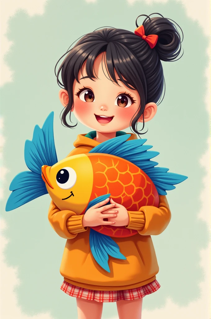 A girl standing smiling with a colourful fish cutout hanging around her neck