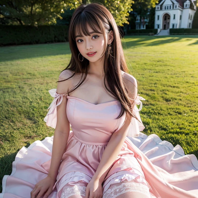 laughing out loud,1 female, 2,(Wearing a pink princess dress),Wear a dress,wear princess dress,Wearing a pink princess wedding dress,Wear a wedding dress,Outside the castle,There are multiple layers of gauze on the outside of the skirt,Big skirt,Big hem,Large gauze skirt,Thousand layer gauze skirt,Gradient gauze skirt,Large skirt,Big hem,light brown hair, blunt bangs, hair behind ears, Shoulder length hair, long hair, Slender body type, 超face slimming型, face slimming, delicate lips, beautiful eyes, Thin blush, Eyes are light brown,Check it out here, (actual:1.3), One person's perspective, 8k, Super detailed, high quality, best quality, High resolution,knee shot