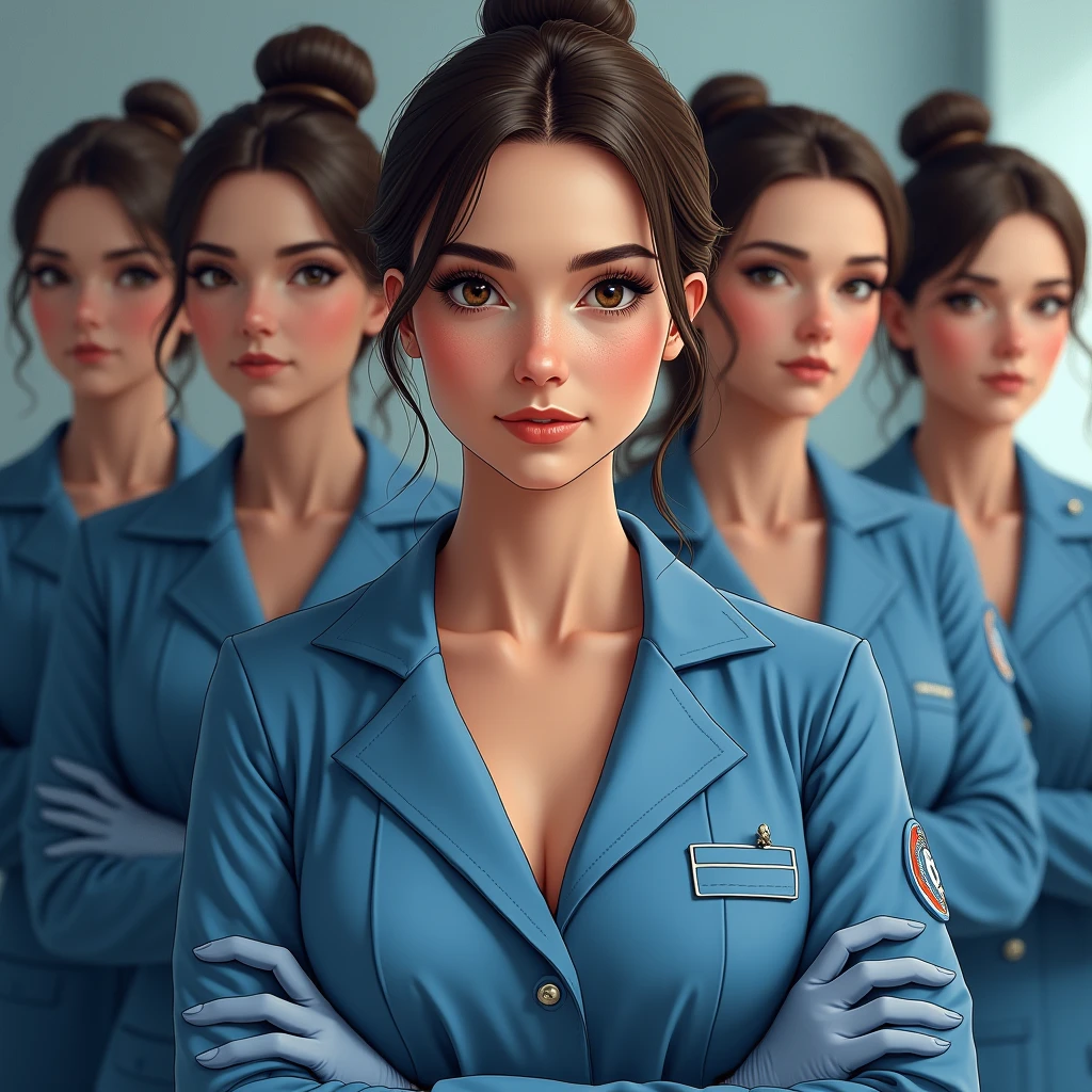 5 Real-Life Brunette Women, Brown eyes, Hair tied up. She is a doctor in the French army.. Her outfit gives us a glimpse of her beautiful décolletage.. She is wearing blue latex gloves while looking at the camera.