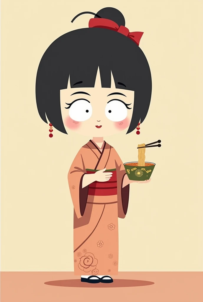 A simple drawing without many features of a Chinese girl with a Kimono and an Instant Noodle Soup in her hand so that her face does not look so real in the South Park style without much shine