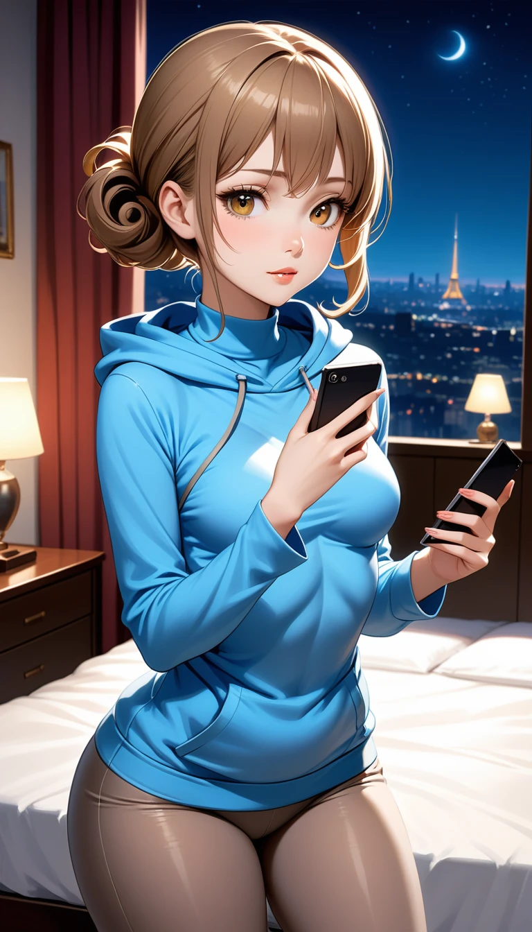 Beautiful 47y young woman with short undercut curly dark blonde hair, tied up hair, with brown eyes wearing ((Tight Grey Leggings), ((Sexy Mock Neck Mid Sleeves Light Blue ShirtWith Hood)), standing in her bedroom at night, holding her cellphone, (mid-tanned skin), (light brown lipstick), (elegant mascara), (slim body), (small breasts), (wide hips), midjourney, <lora:GoodHands-, <lora:GoodLegs-, UHD, high resolution, (expressive eyes, perfect face, full body, expressive face, perfect body, perfect pussy, athletic, fit, slim body, blushing, Perfect makeup, eyeliner, beautiful eyelashes, smiling, horny face), ((best illumination, best shadows)), ((sexy pose)), score_9_up, score_8_up, score_7_up