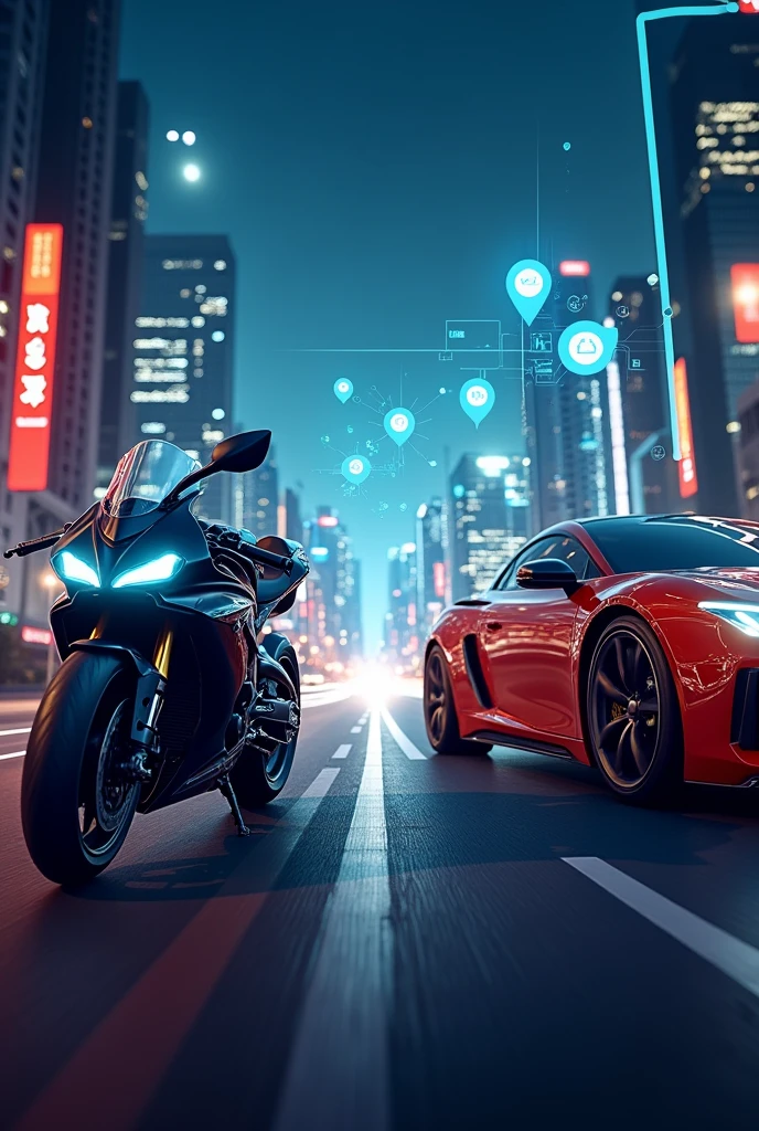 promotional image you requested, with the motorcycle and the car , both equipped with GPS tracking and monitoring services. Real-time location markers highlight the accuracy and safety of the service.