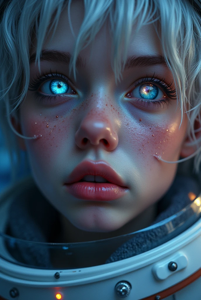 (Close-up of a better masterpiece:1.5)0.9], (Space and astronauts:1.2) (Messy silver hair:1.1) (Heterochromia xanthochromia and blue eyes:1.2) (Space Helmet:1.0) (Colored stars in the eyes:1.0) (A radiant glow:1.1) (thick lips:0.9)