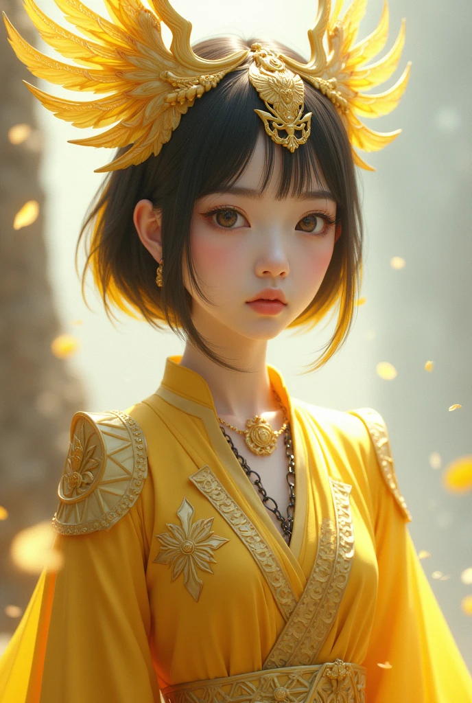 Korean with white skin color, with short hair with straight bangs, with yellow highlights, honey colored eyes, with a yellow and gold outfit with griffin symbols, a griffin headpiece, and a griffin necklace