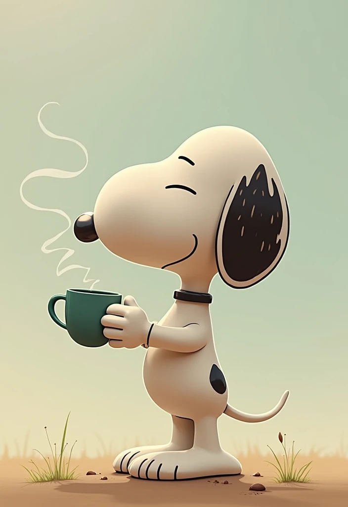 A drawing of Snoopy, the famous dog from the comic strip 'Peanuts'. He wears sunglasses and a shirt. He is standing and leaning against his doghouse in the background.. Snoopy is holding a coffee mug, with steam rising from it. The overall look is clean and minimalistic, with precise and confident features, emphasizing the character and the scene.