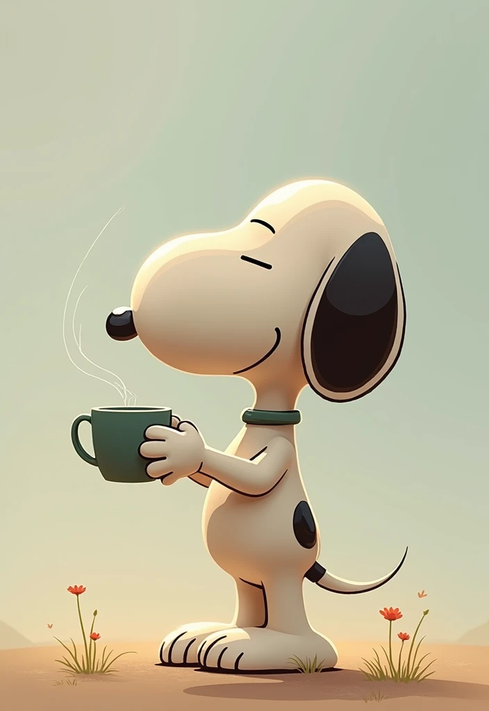 A drawing of Snoopy, the famous dog from the comic strip 'Peanuts'. He wears sunglasses and a shirt. He is standing and leaning against his doghouse in the background.. Snoopy is holding a coffee mug, with steam rising from it. The overall look is clean and minimalistic, with precise and confident features, emphasizing the character and the scene.