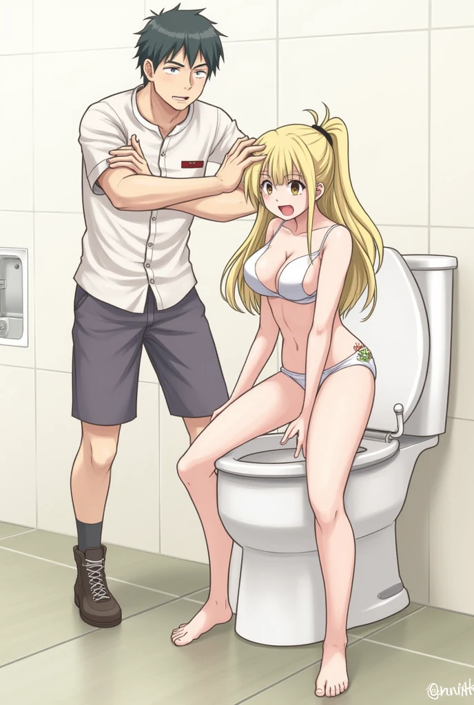 Toilet, Anusex, Men 1, Women 1, Uniforms, Torn Blouse, Down Underpants, Flat Chest, Hip Stretch, Pottery Style, Fluttering Blonde, Masterpiece, High Quality, Ponytail, Scream, Rape