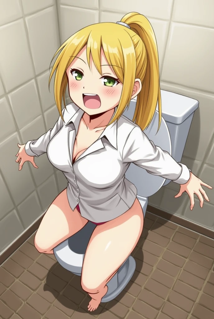 Toilet, Anusex, Men 1, Women 1, Uniforms, Torn Blouse, Down Underpants, Flat Chest, Hip Stretch, Pottery Style, Fluttering Blonde, Masterpiece, High Quality, Ponytail, Scream, Rape