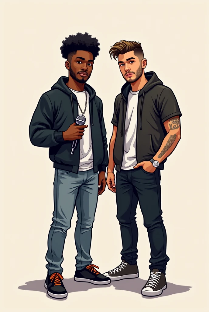 I have a social media account called Twoz n' Froz. Please create a unique logo having 2 black and light skin guys with mic standing and backing themselve. Include the name of the account in the logo