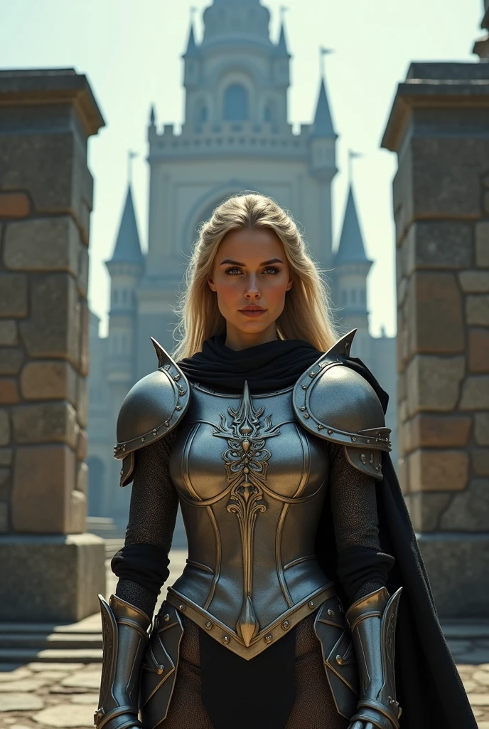 a woman in shining armor is standing in front of a large gate in the background there is a large tower in her hand she is holding a lance
