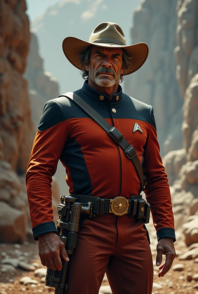 Crocadile dundee in a star trek uniform 