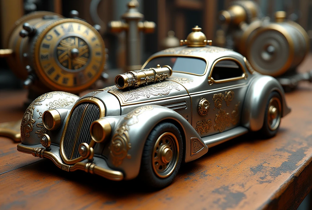 Image showcases a highly detailed, steampunk-style model car placed on a wooden surface. The car features intricate metallic designs with gears, pipes, and ornate patterns, predominantly in shades of silver and bronze. The vehicle has a vintage aesthetic with elements such as a rounded hood, exposed engine parts, and a retro-futuristic look. In the background, there are additional steampunk-themed objects, including another similar model and various mechanical components, all contributing to a cohesive, industrial atmosphere. The lighting is warm, highlighting the metallic textures and giving the scene a rich, antique feel