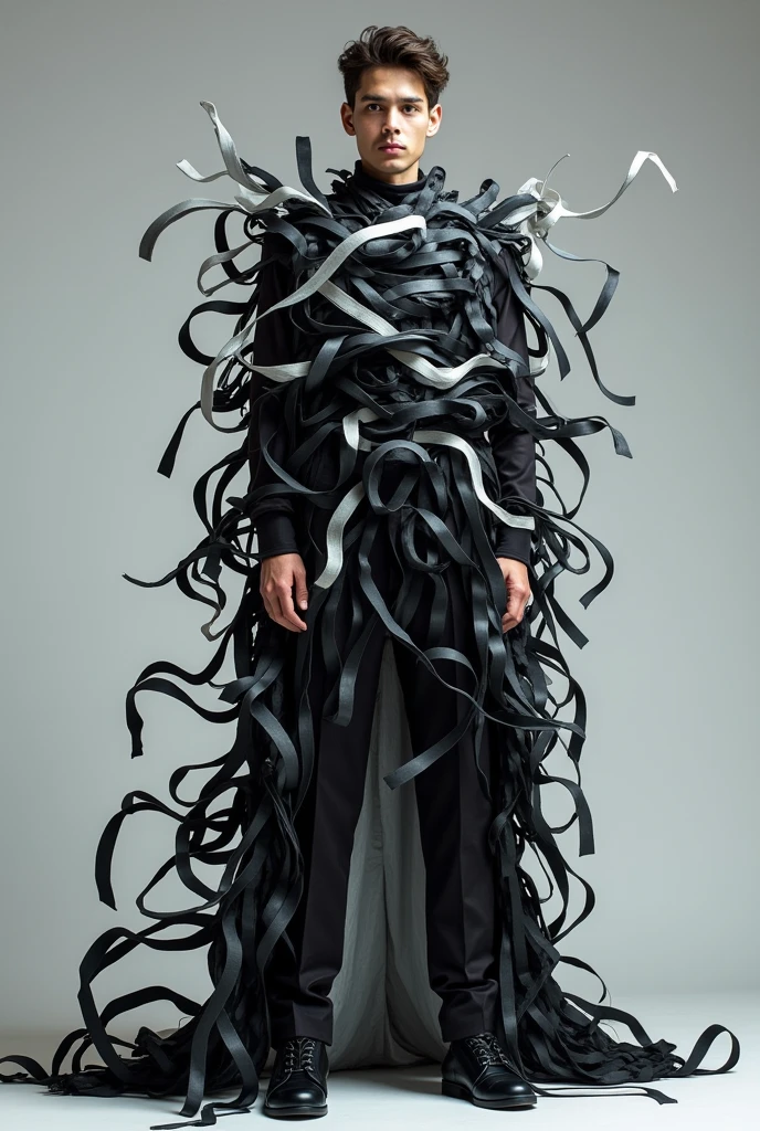 An outfit for male model made up of black,grey and white ribbons to mimic the swirling storm clouds.