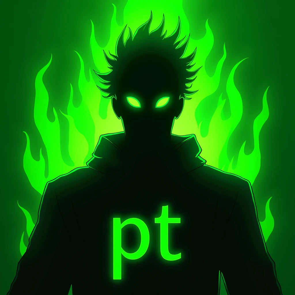 An abstract illustration of a character with a black, featureless silhouette and two glowing green eyes. The character has an aura of neon green flames or energy that surrounds its body, making it look intense and powerful. The hair or head appears spiky, almost like it's made of green fire, adding to the dynamic and energetic feel. The background is a bright neon green, enhancing the glowing effect around the character. The letters 'PT' are placed at the bottom in a bold, stylized font. The overall look is dark, mysterious, and supernatural, with a strong emphasis on the neon green glow and the simplicity of the silhouette.