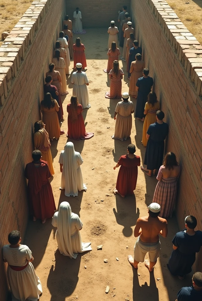 Aerial view of a brick wall dividing two groups of people praying. On the left side, women in evangelical dresses pray standing up, facing the wall. on the right side, men in underwear with Islamic caps on their heads pray kneeling, also facing the wall. The scene is solemn, with nearby groups, showing unity in their respective spaces. The surrounding area is desolate, highlighting the importance of prayer and separation by the wall."