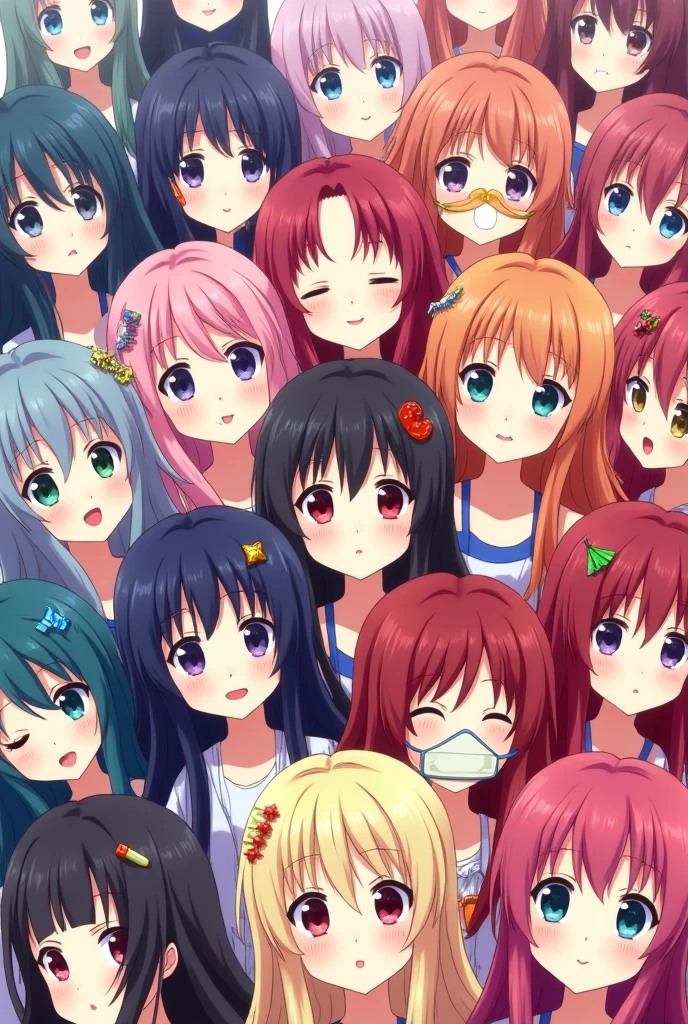 1500 long-haired anime girls with 10 colorful hairpins take a group photo with only their faces showing