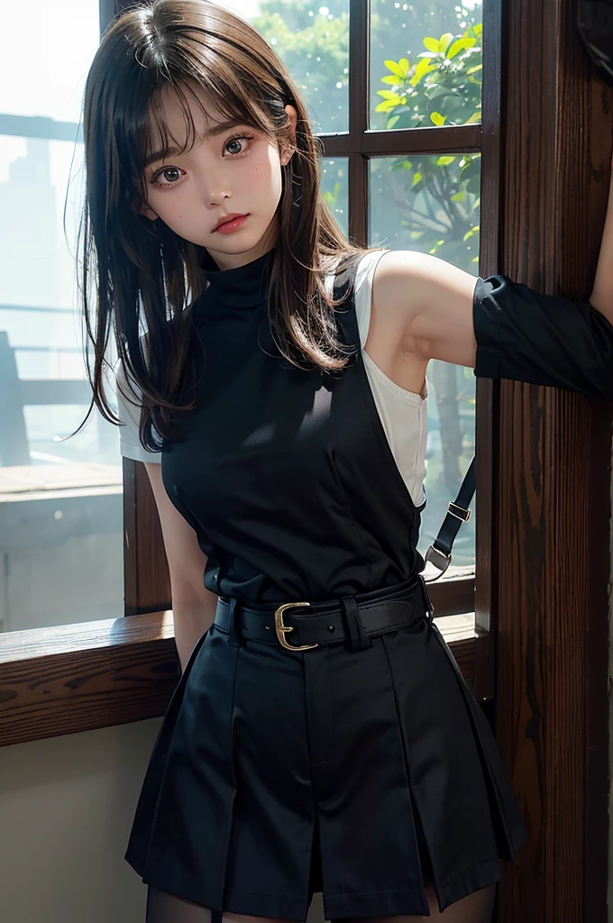 ​masterpiece、flat-colors、depth of fields、lens flare 1 girl、、Brown hair、watching at viewers　　　　a belt　black suspenders　　　bulging big breasts　　　 　 Armpit sweat　perspiring　Side of both hands　　walls: 　Black pants, 　Gaze　　　Small face　Bangs Upper Eyes　flank 　a miniskirt　garterbelts