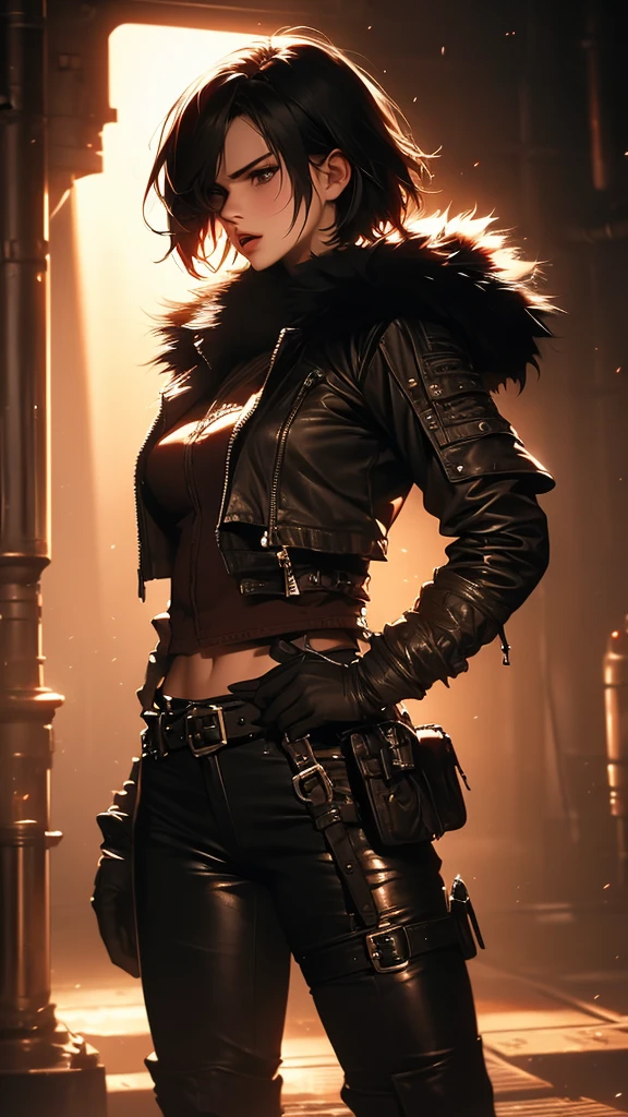 1girl, black hair, short hair, standing, hands on hips, leather jacket, leather pants, belt, gloves, open mouth, fur trim, cowboy shot, realistic, photorealistic, 8k, hyper detailed, cinematic lighting, dramatic pose, moody atmosphere, chiaroscuro, dark and gritty
