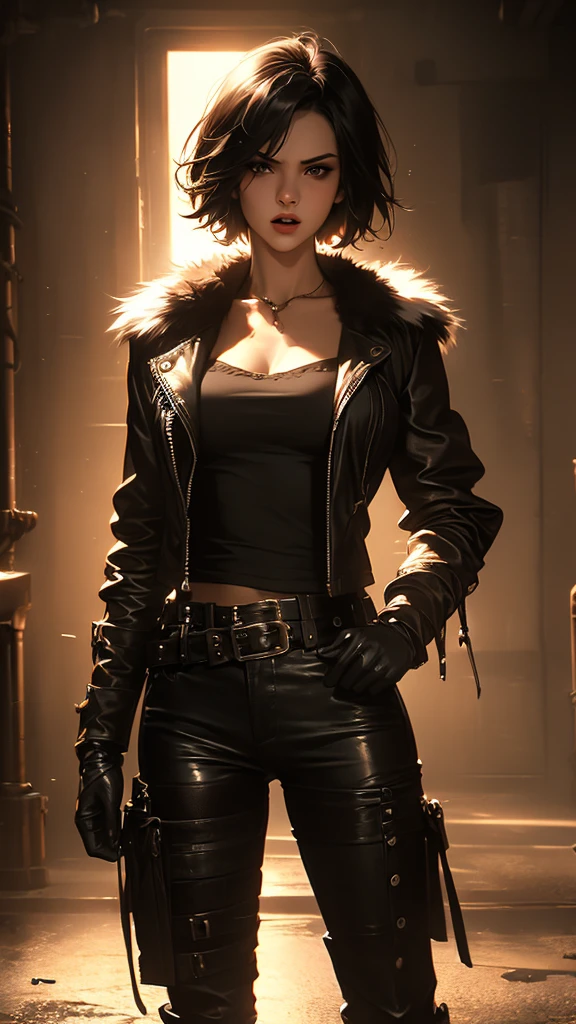 1girl, black hair, short hair, standing, hands on hips, leather jacket, leather pants, belt, gloves, open mouth, fur trim, cowboy shot, realistic, photorealistic, 8k, hyper detailed, cinematic lighting, dramatic pose, moody atmosphere, chiaroscuro, dark and gritty