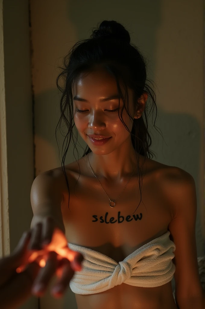 night in a simple house, beautiful young indonesian women, nice body, sweating, wet face like shampoo, wearing a towel, tattoo "slebew" on his chest, in front of him there is a hand giving a ring, against a dull wall, wet hair, Low light